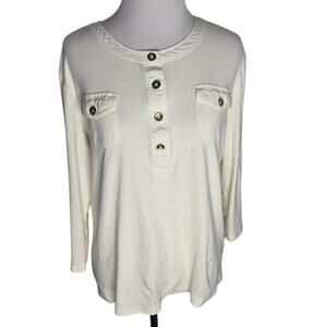 Lauren Ralph Lauren Women Henley Basics Casual Staple Ivory Gold Buttons XL